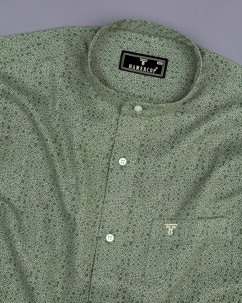 Kiwi Green With Cream Printed Cotton Shirt