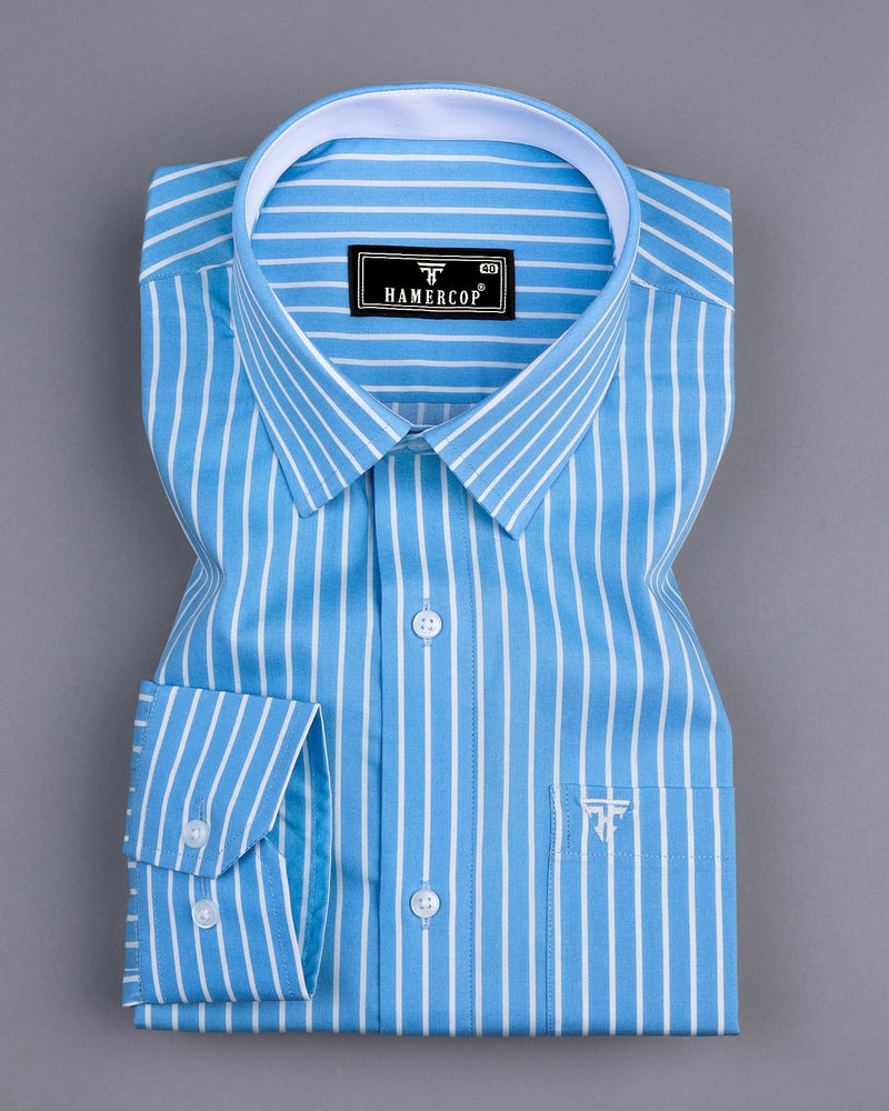 Lake Blue With White Stripe Formal Cotton Designer Shirt