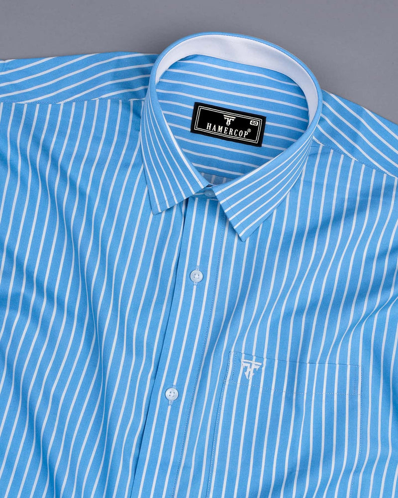 Lake Blue With White Stripe Formal Cotton Designer Shirt