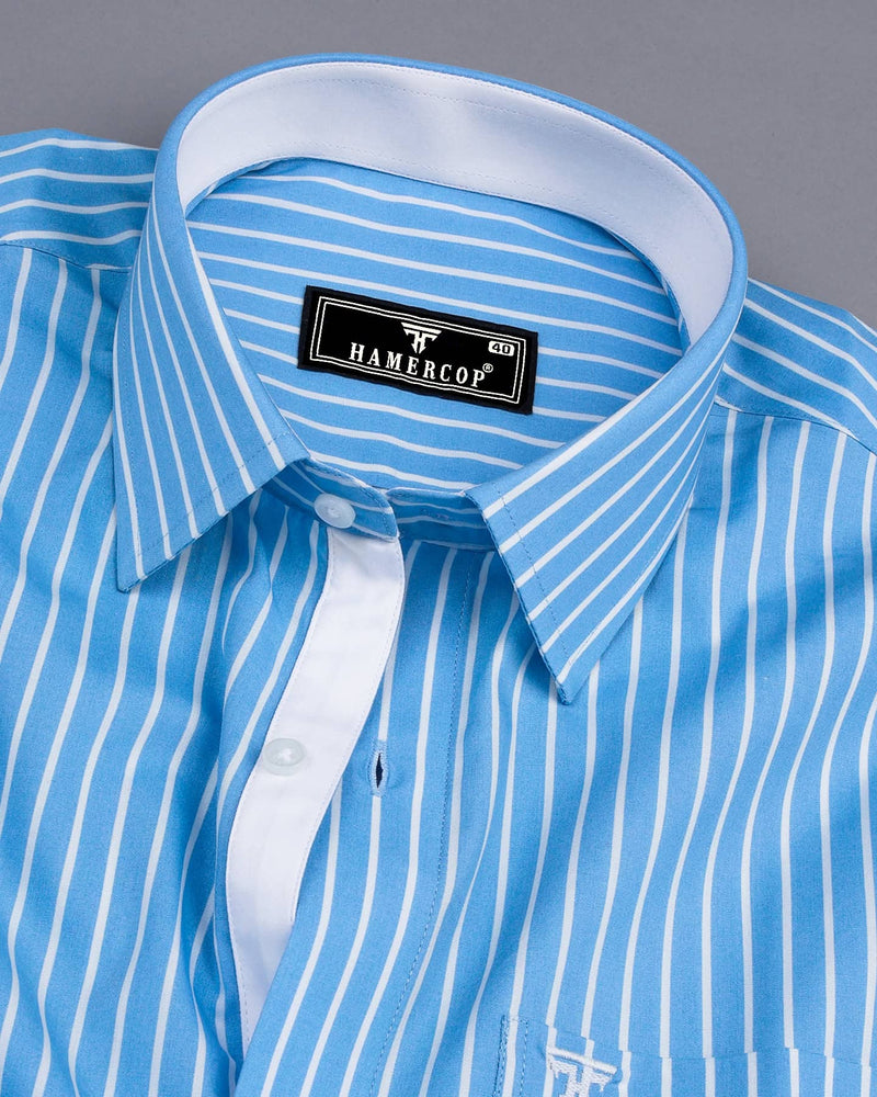 Lake Blue With White Stripe Formal Cotton Designer Shirt