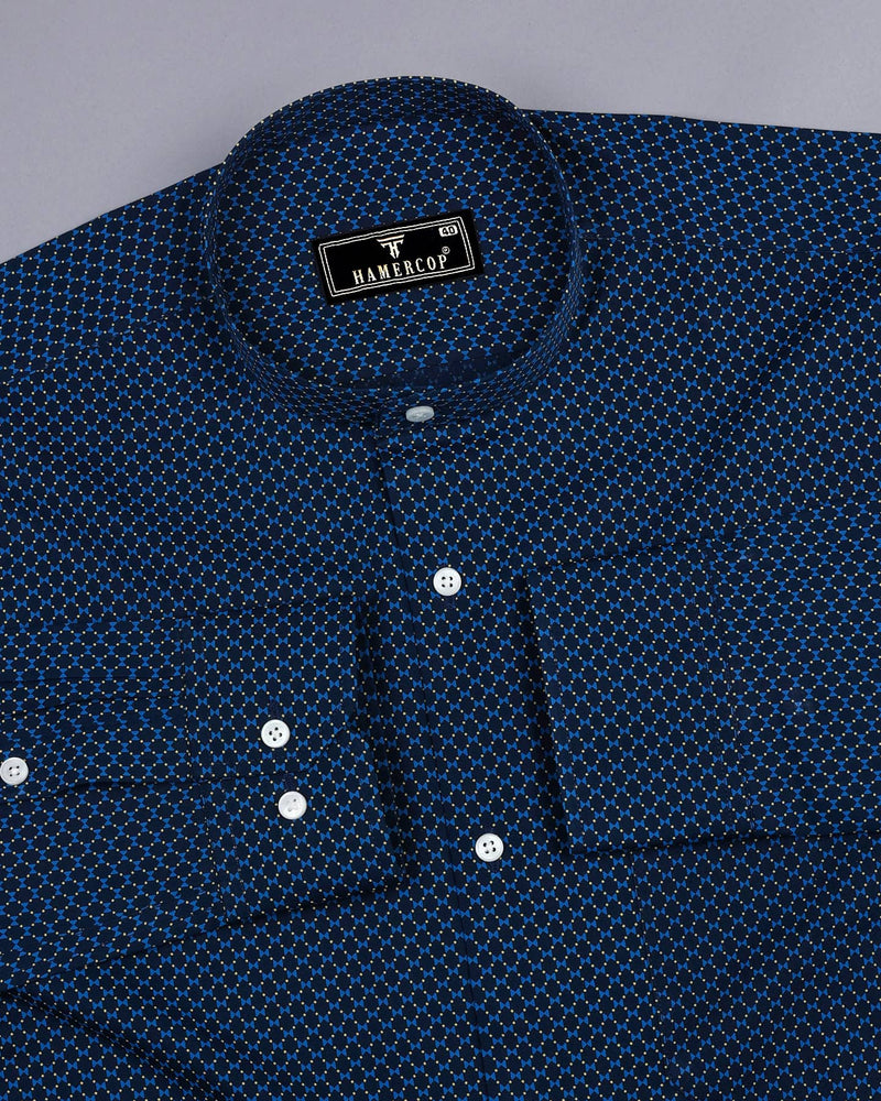 Leo NavyBlue With Skyblue Poplin Printed Cotton Shirt