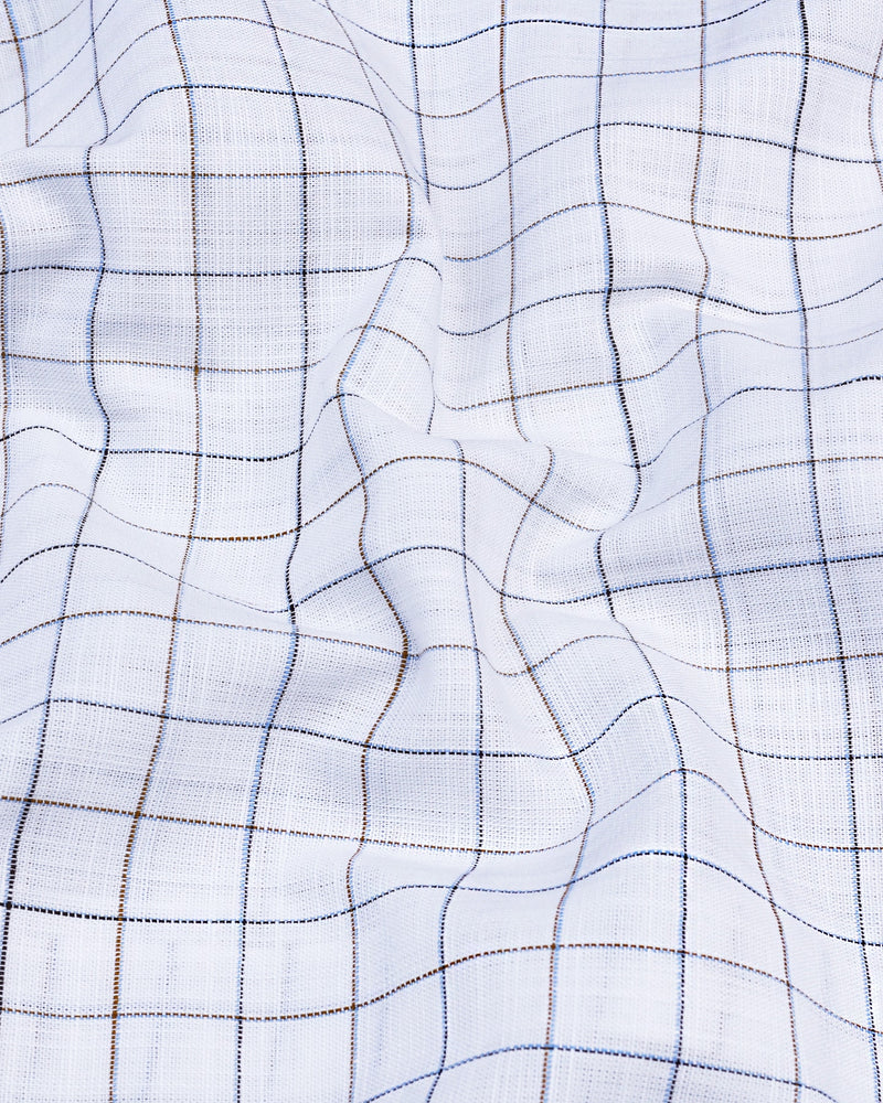 Medora Blue With Mustard  Check White Linen Formal Cotton Shirt