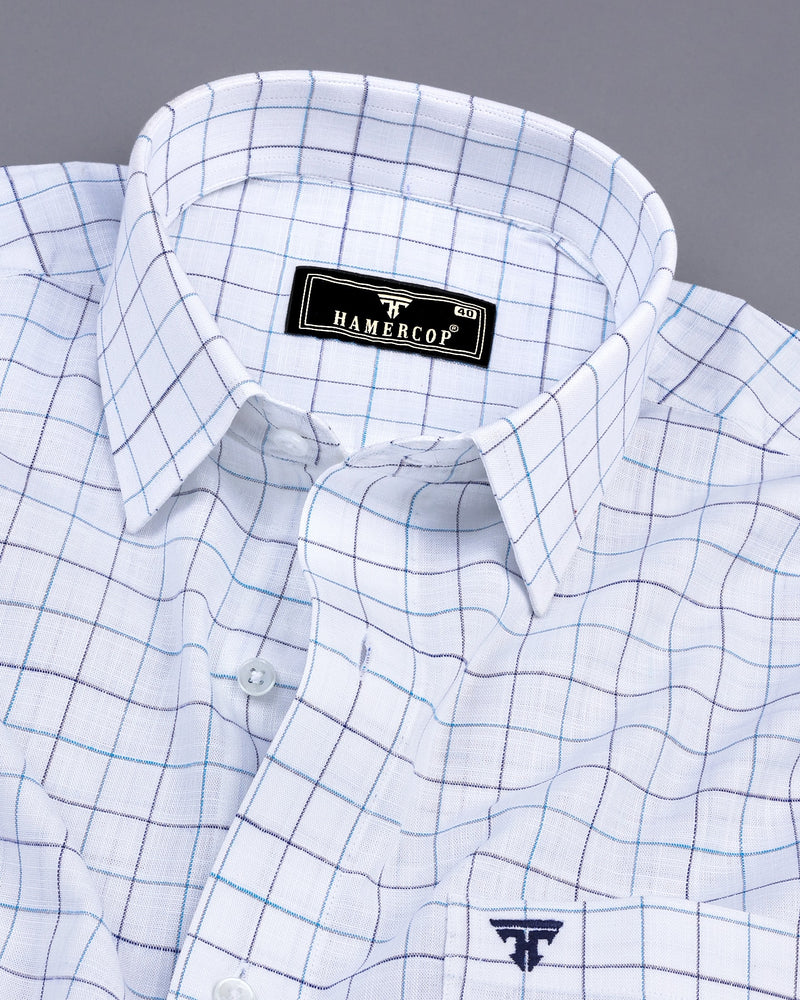 Medora SkyBlue Check White Linen Formal Cotton Shirt