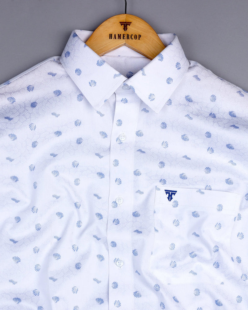 Pigeon Blue With White Printed Satin Cotton Shirt