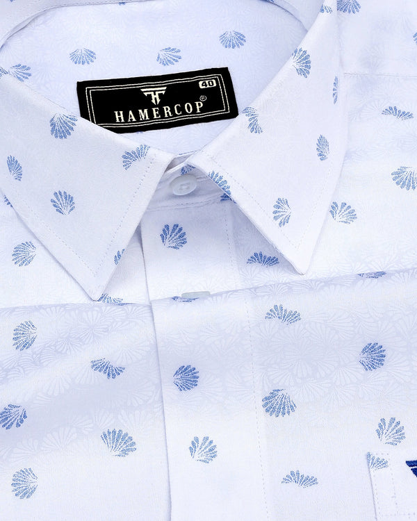 Pigeon Blue With White Printed Satin Cotton Shirt