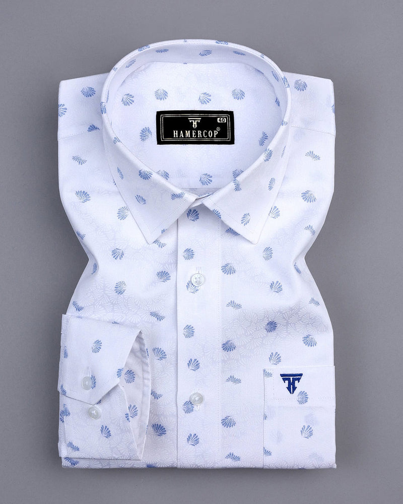 Pigeon Blue With White Printed Satin Cotton Shirt