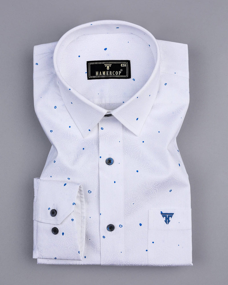 Sweden Blue Dot Printed White Satin Formal Cotton Shirt