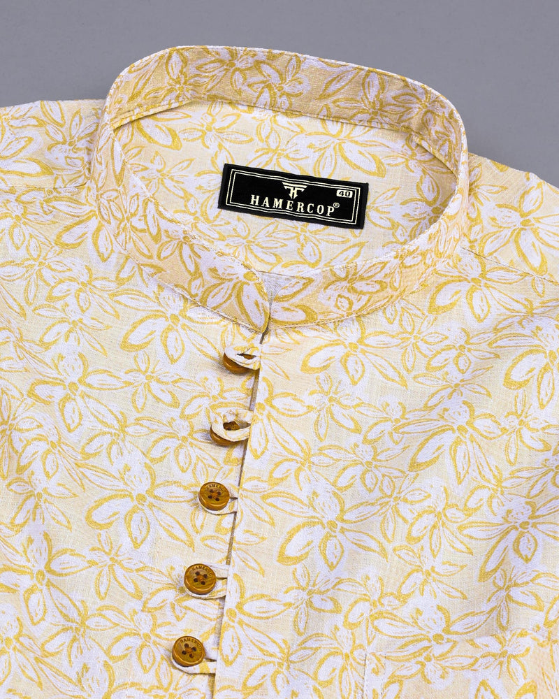 Cordate Cream Flower Printed Dobby Cotton Shirt Style Kurta