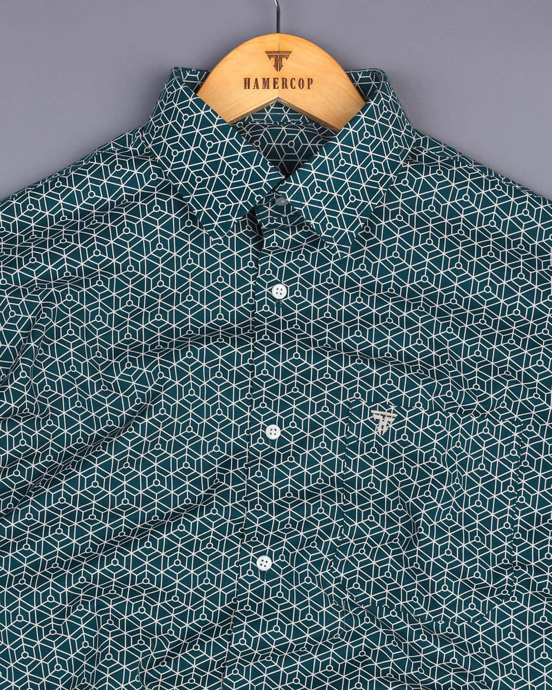 Turkish Blue Hexagon Printed Dobby Cotton Shirt