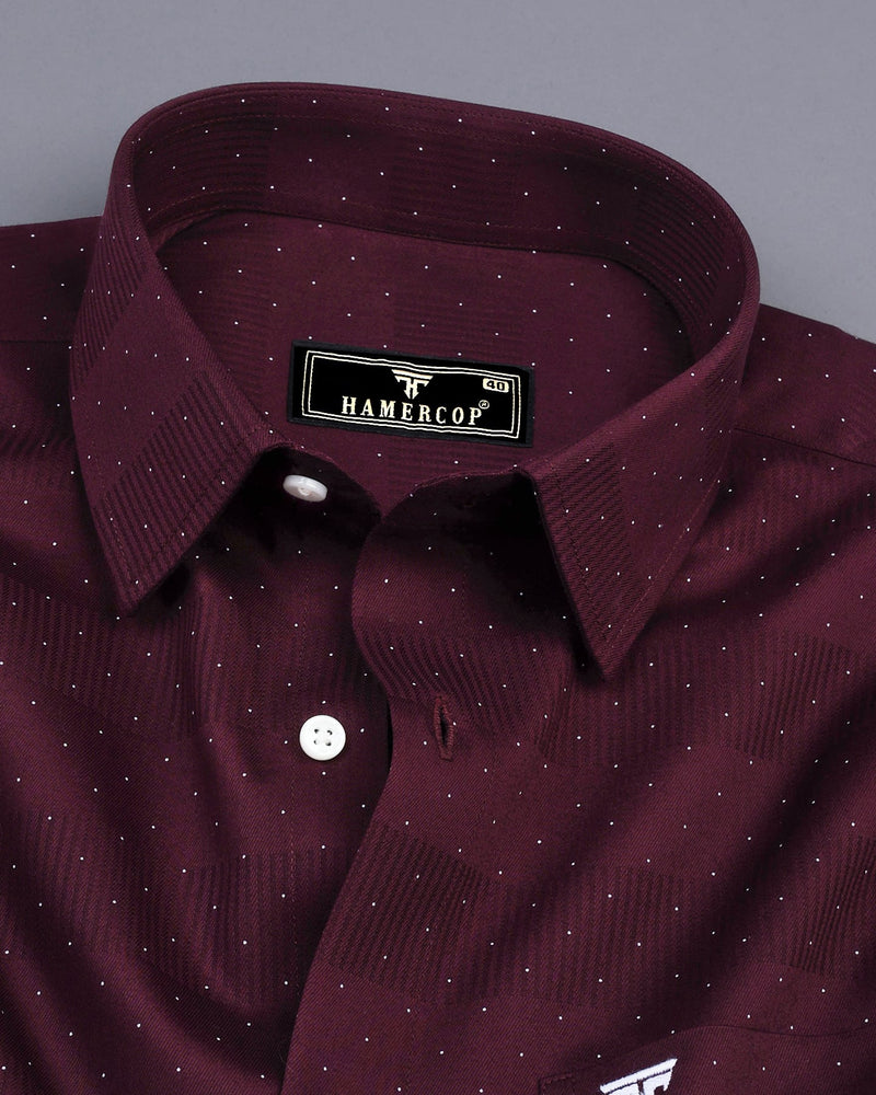Argon Wine Maroon With White Dotted Dobby Self Stripe Cotton Shirt