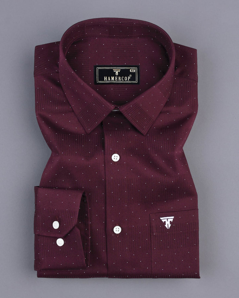 Argon Wine Maroon With White Dotted Dobby Self Stripe Cotton Shirt
