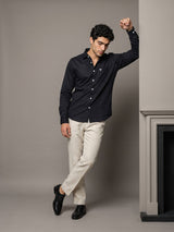 Argon Black With White Dotted Dobby Self Stripe Cotton Shirt