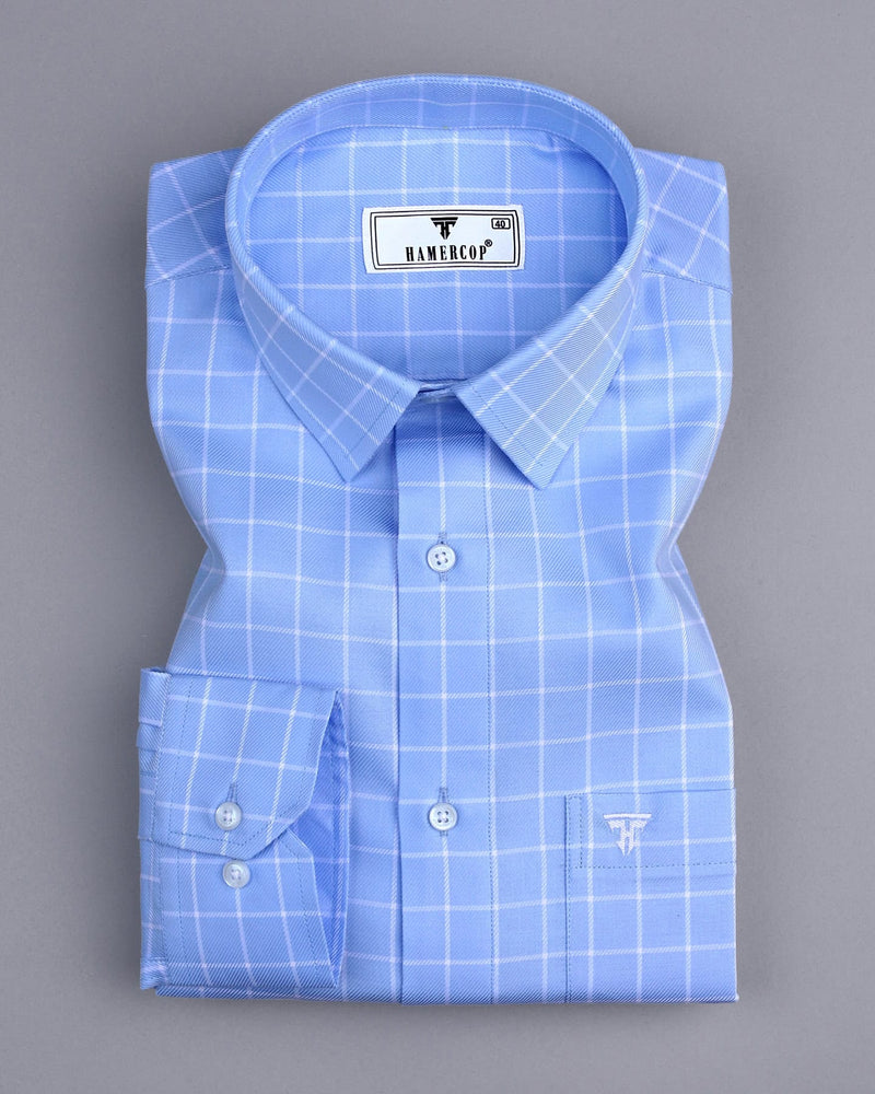 SkyBlue With White Twill Check Premium Giza Formal Shirt