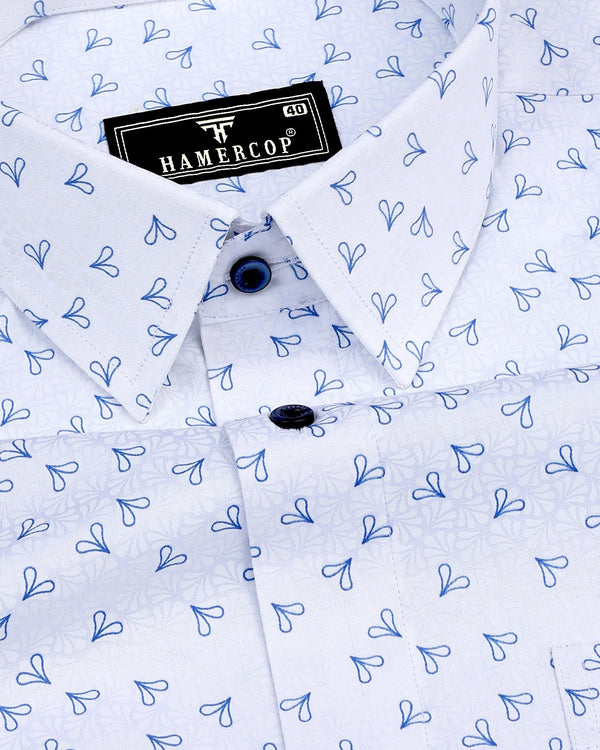 Dory Blue With White Printed Satin Cotton Shirt