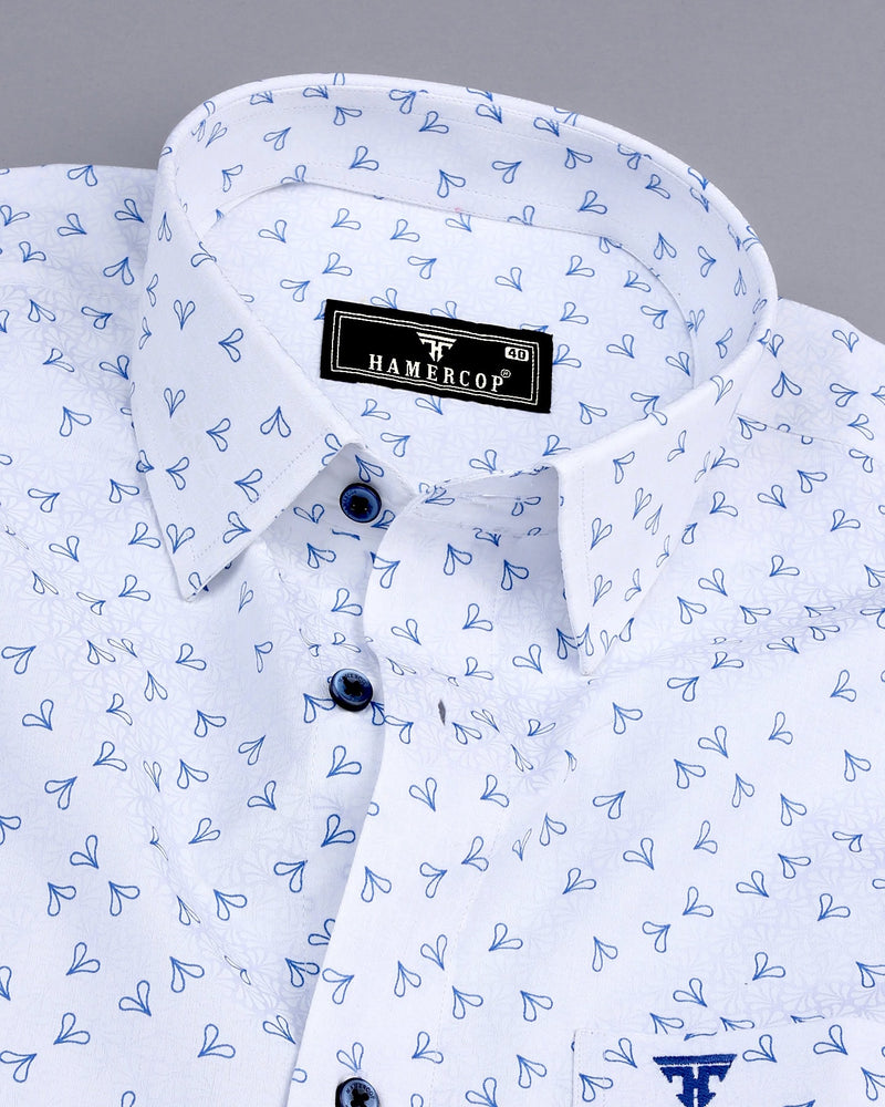 Dory Blue With White Printed Satin Cotton Shirt