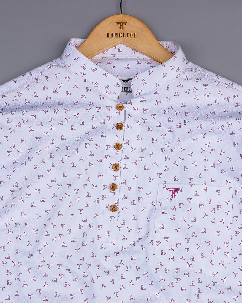 Dory Pink With White Printed Satin Cotton Shirt Style Kurta