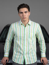 Thelon Green With White Broad Stripe Linen Cotton Shirt