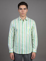 Thelon Green With White Broad Stripe Linen Cotton Shirt