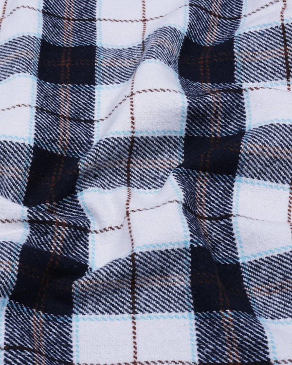 Blustery Blue With White Plaid Flannel Check Cotton Shirt