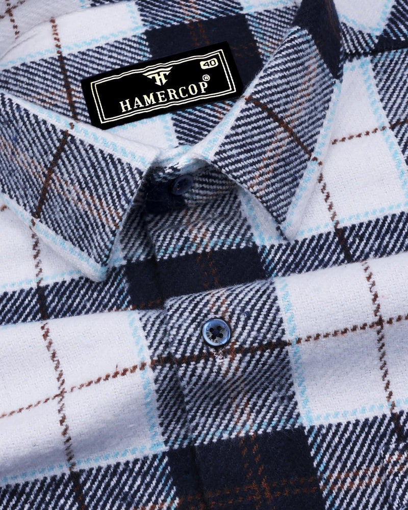 Blustery Blue With White Plaid Flannel Check Cotton Shirt