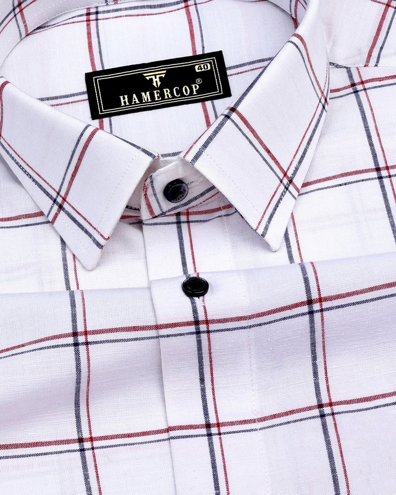 Blue With Red Check White Linen Formal Cotton Shirt