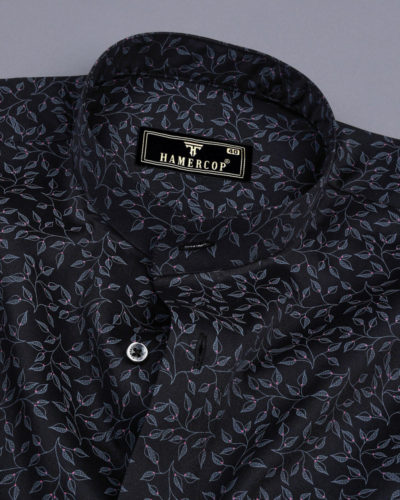Luma Black Satin With Gray Leaf Printed Cotton Shirt