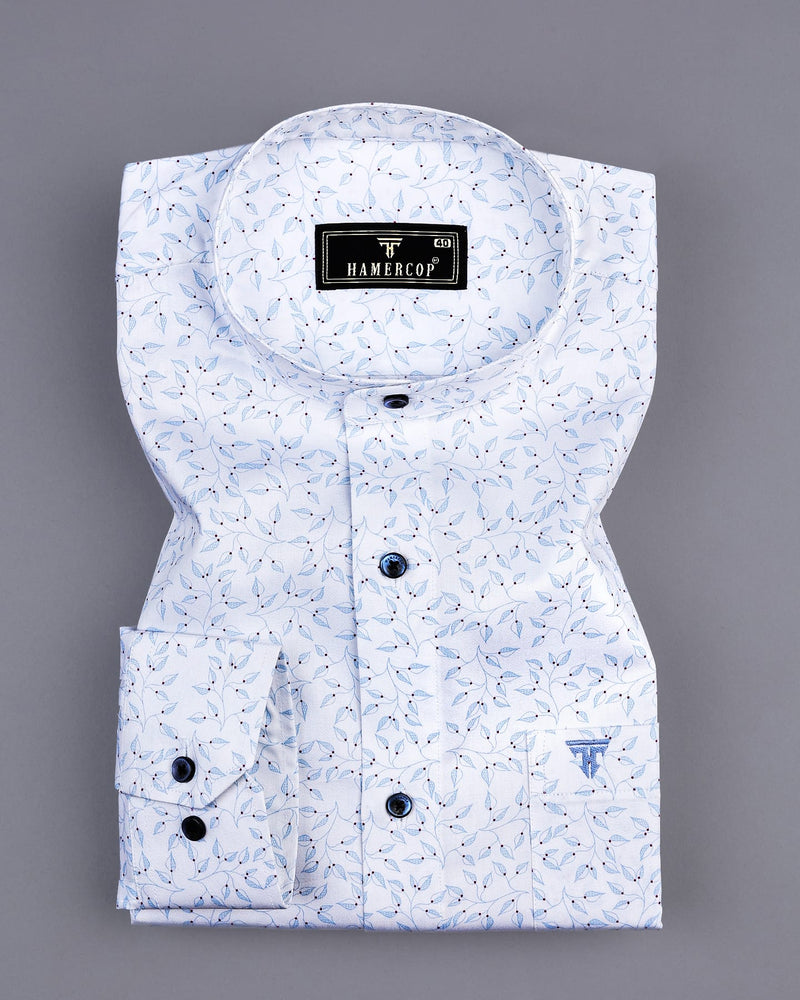 Luma White Satin With Skyblue Leaf Printed Cotton Shirt
