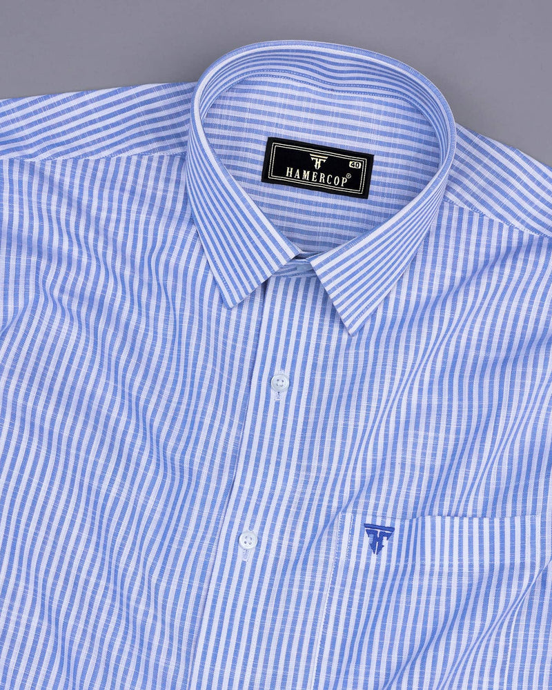 Lifa Blue With White Stripe Linen Cotton Formal Shirt
