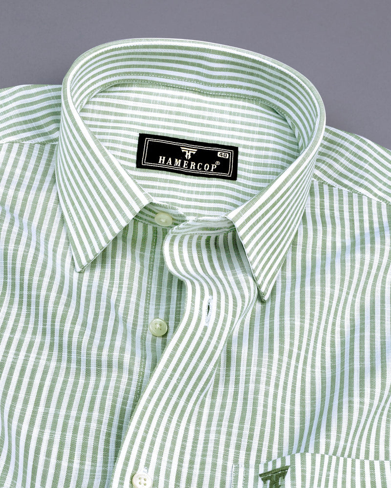 Lifa Green With White Stripe Linen Cotton Formal Shirt