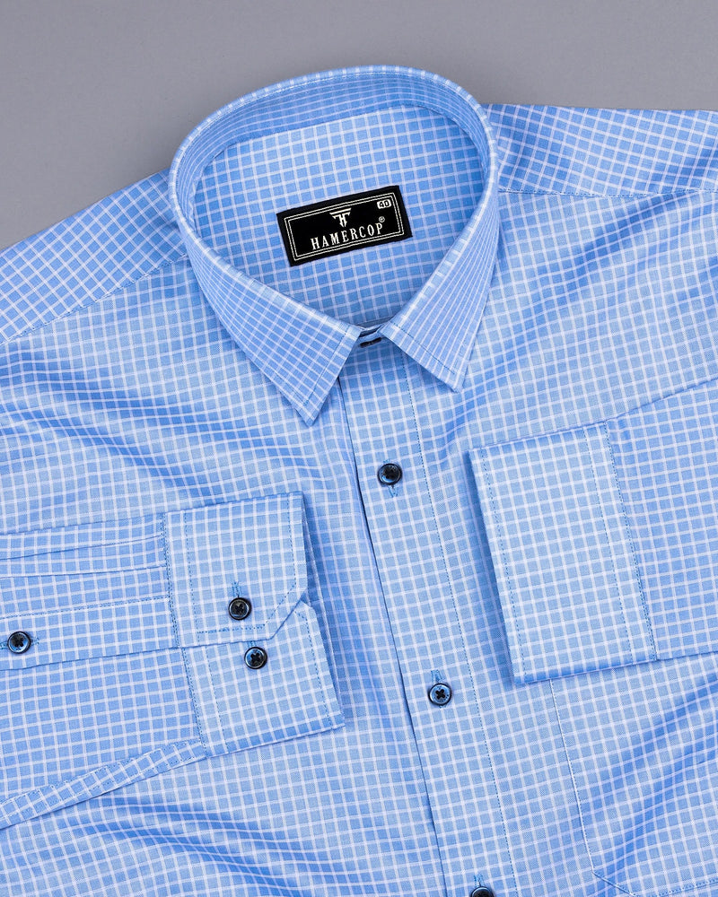 Volga Blue With White Twill Check Premium Giza Cotton Shirt