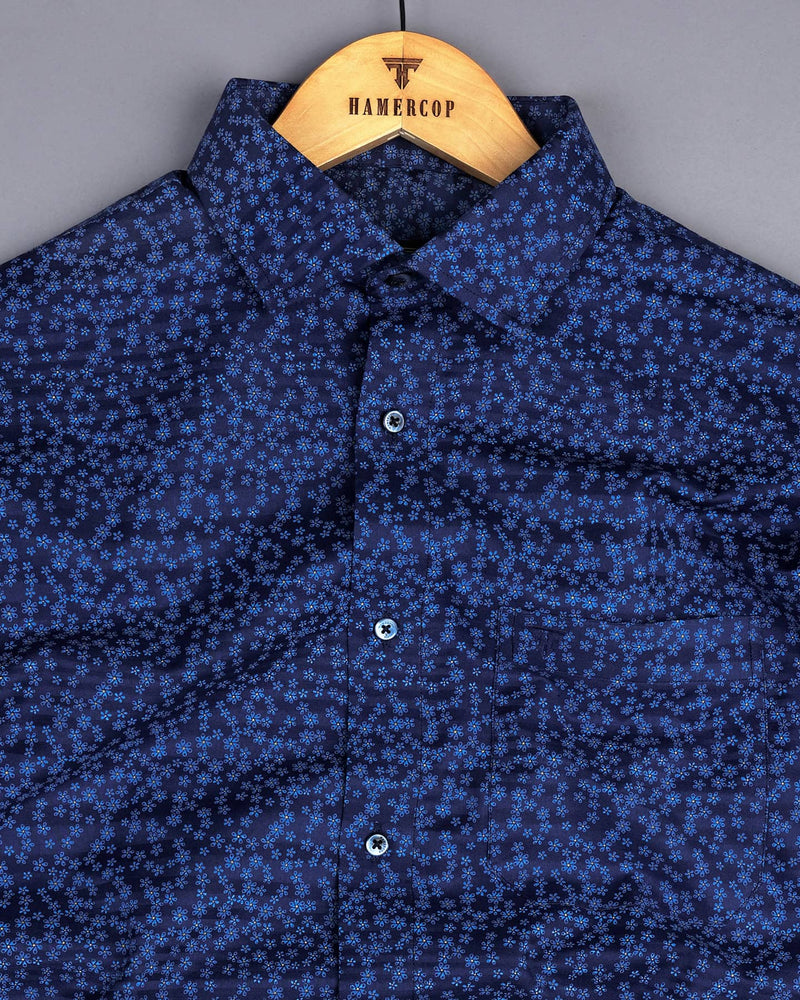 Blue Hibiscus Printed Self Weft Stripe Dobby Cotton Shirt