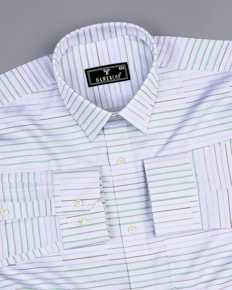 Marvel Cream With Green Weft Stripe White Cotton Shirt