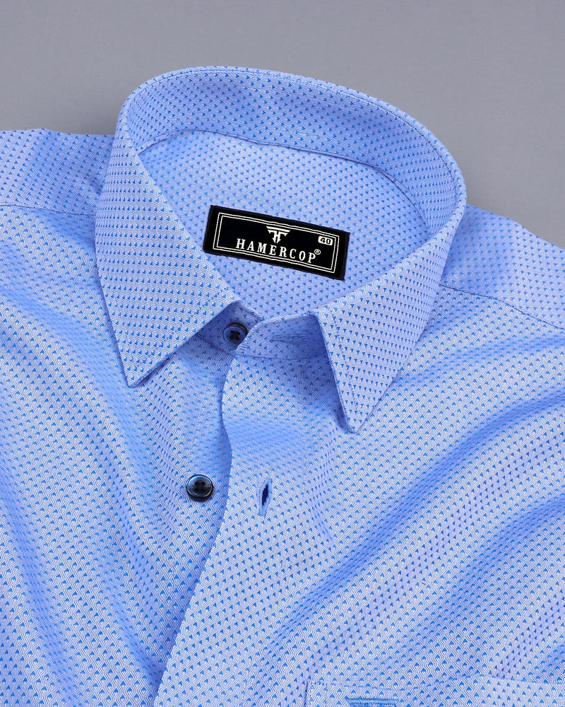 Ural Blue With White Jacquard Textured Cotton Shirt