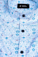 White with Dark and Light blue Lotus flower printed shirt