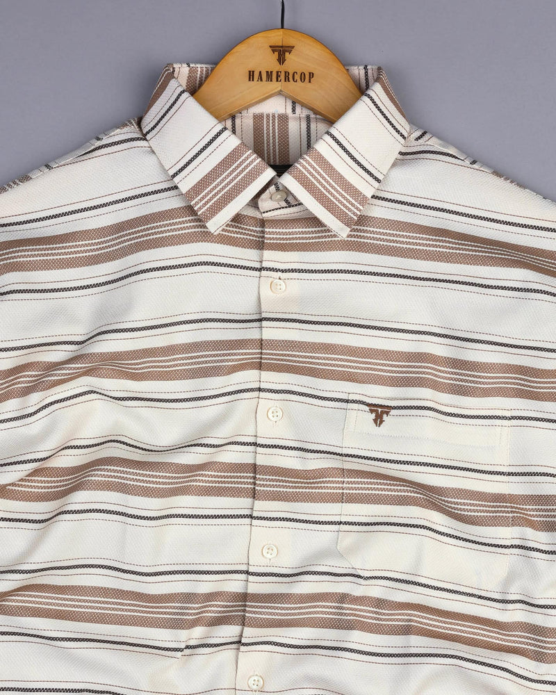 Oat Brown With Cream Weft Stripe Dobby Cotton Shirt