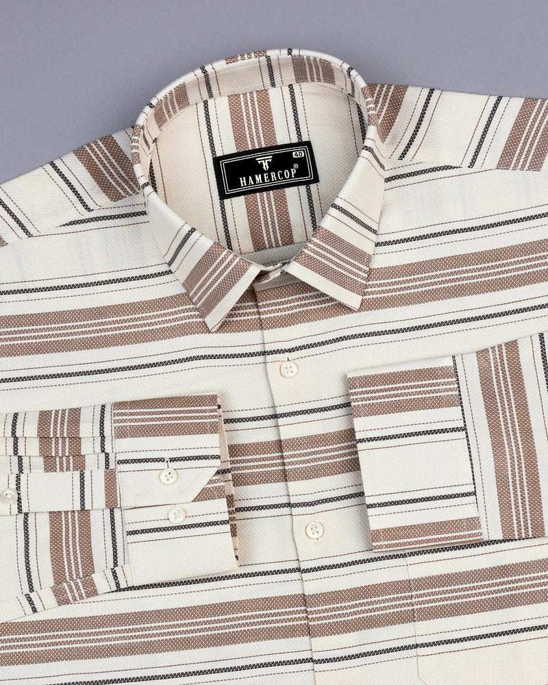 Oat Brown With Cream Weft Stripe Dobby Cotton Shirt