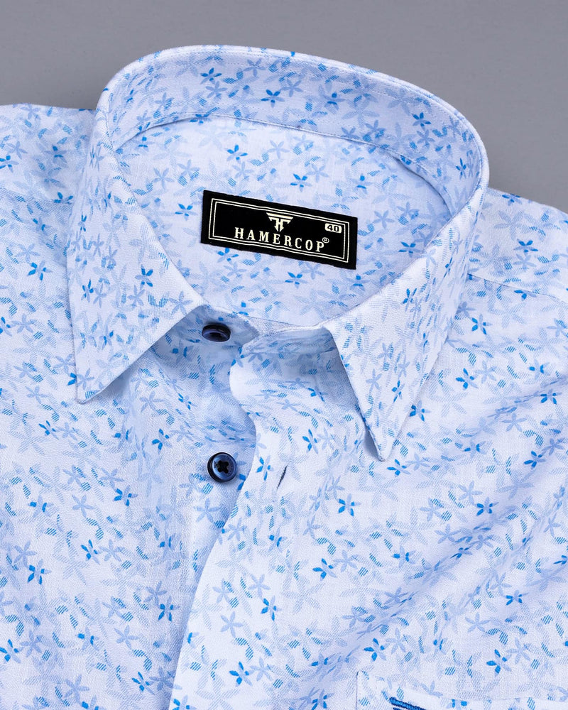 Plumeria Blue With White Printed Amsler Cotton Shirt