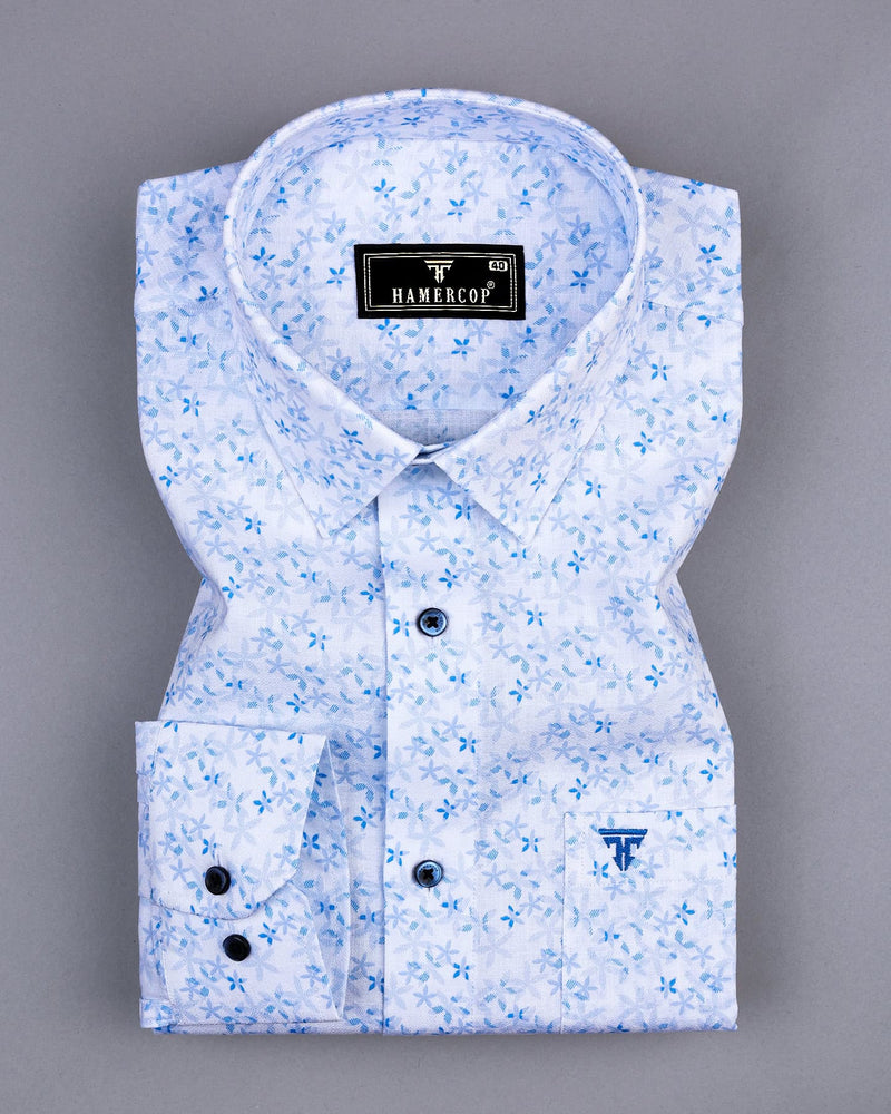 Plumeria Blue With White Printed Amsler Cotton Shirt