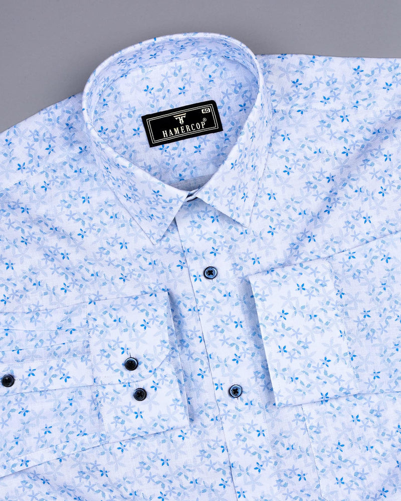 Plumeria Blue With White Printed Amsler Cotton Shirt