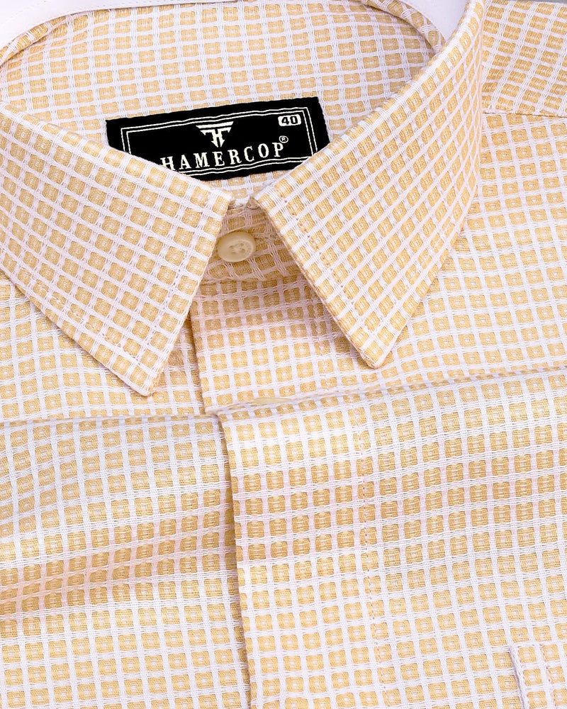 Aytos Cream With White Dobby Check Designer Cotton Shirt