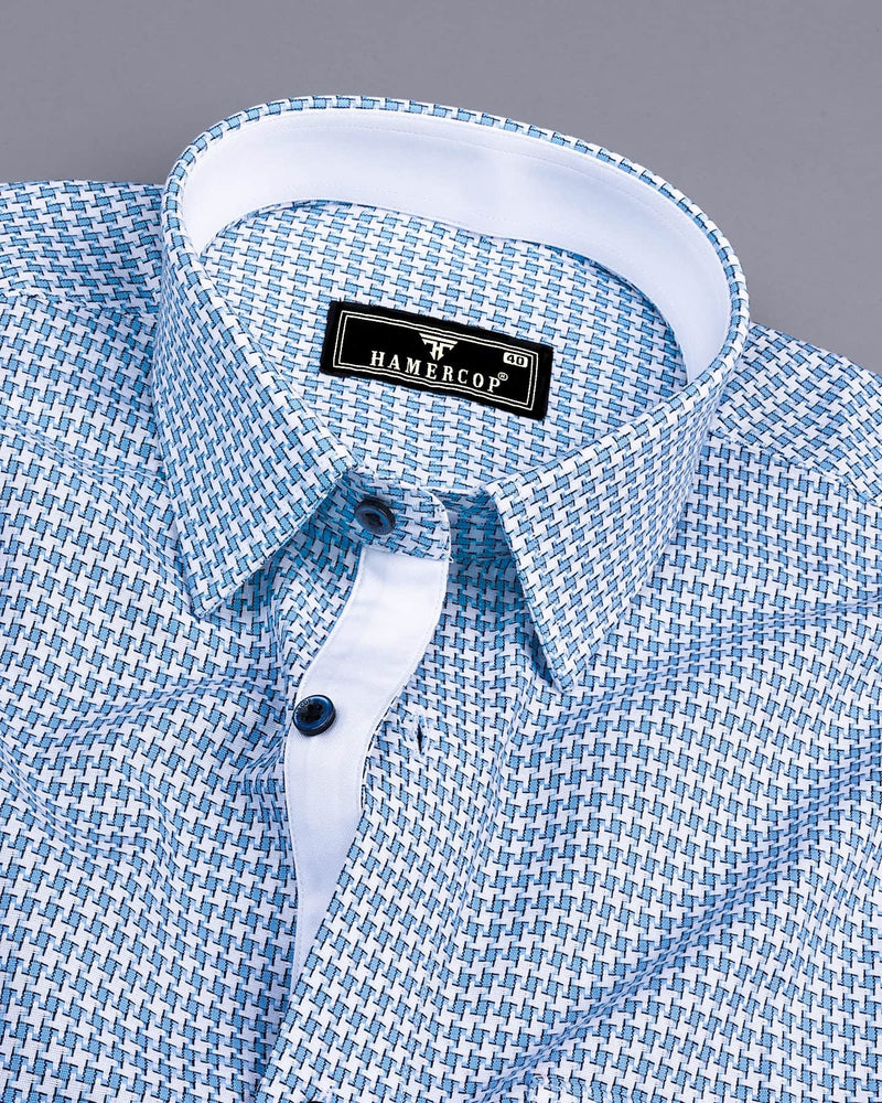 Gravity Blue Houndstooth Amsler Dobby Cotton Designer Shirt