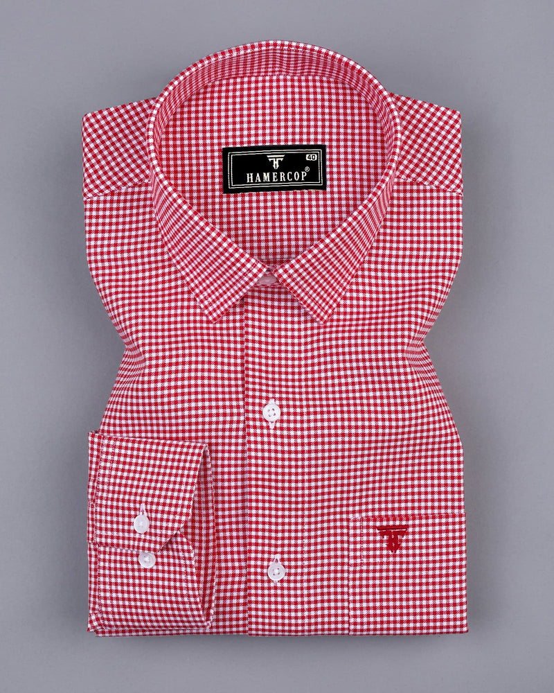 Lolo Blood Red With White Small Check Oxford Cotton Shirt