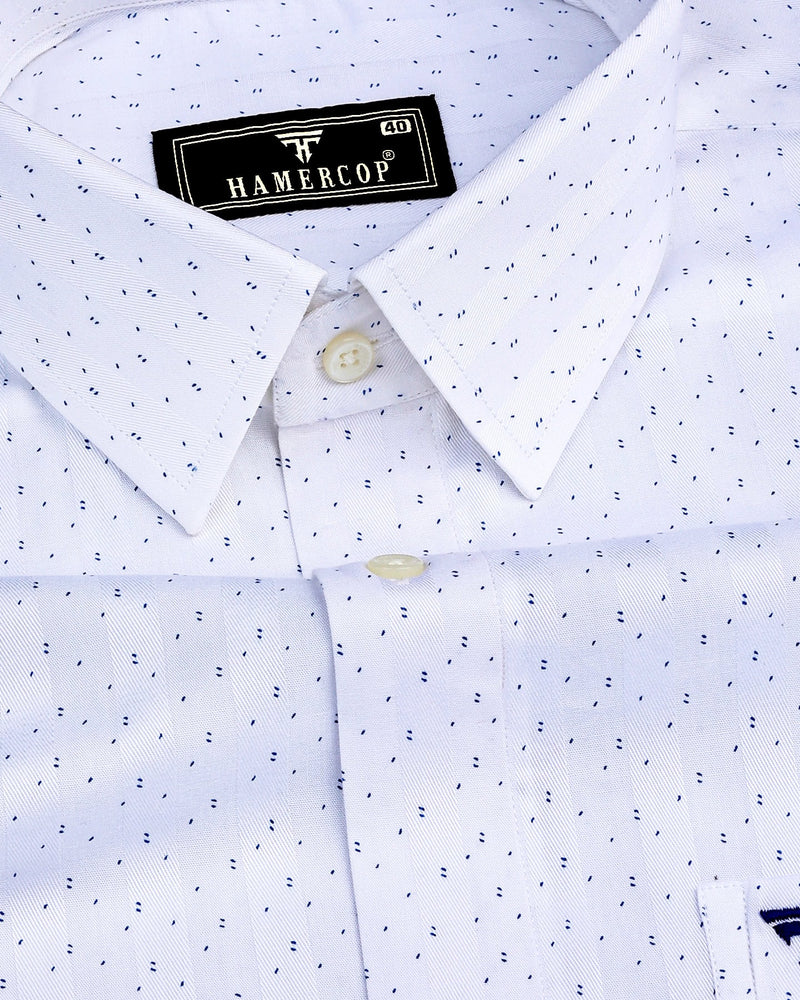 Rudolf White Self Stripe With Blue Printed Dobby Cotton Shirt