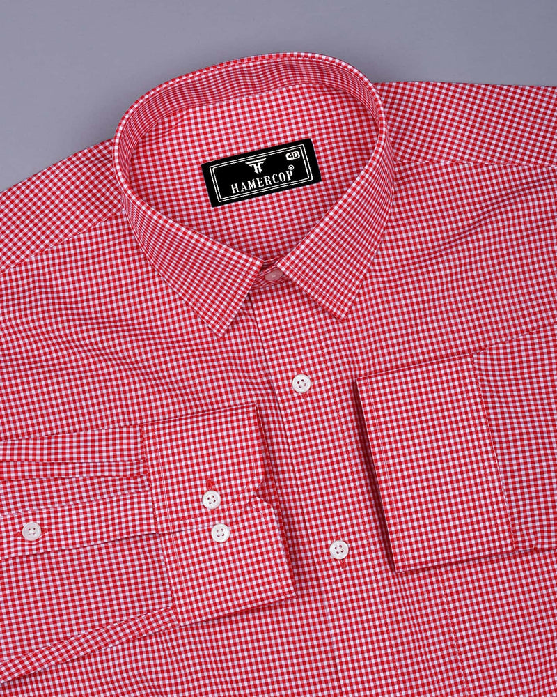 Blood Red With White Yarn Dyed Small Check Cotton Shirt