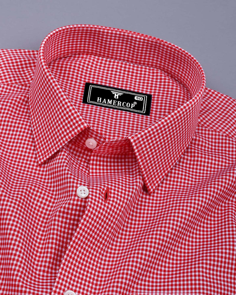 Blood Red With White Yarn Dyed Small Check Cotton Shirt