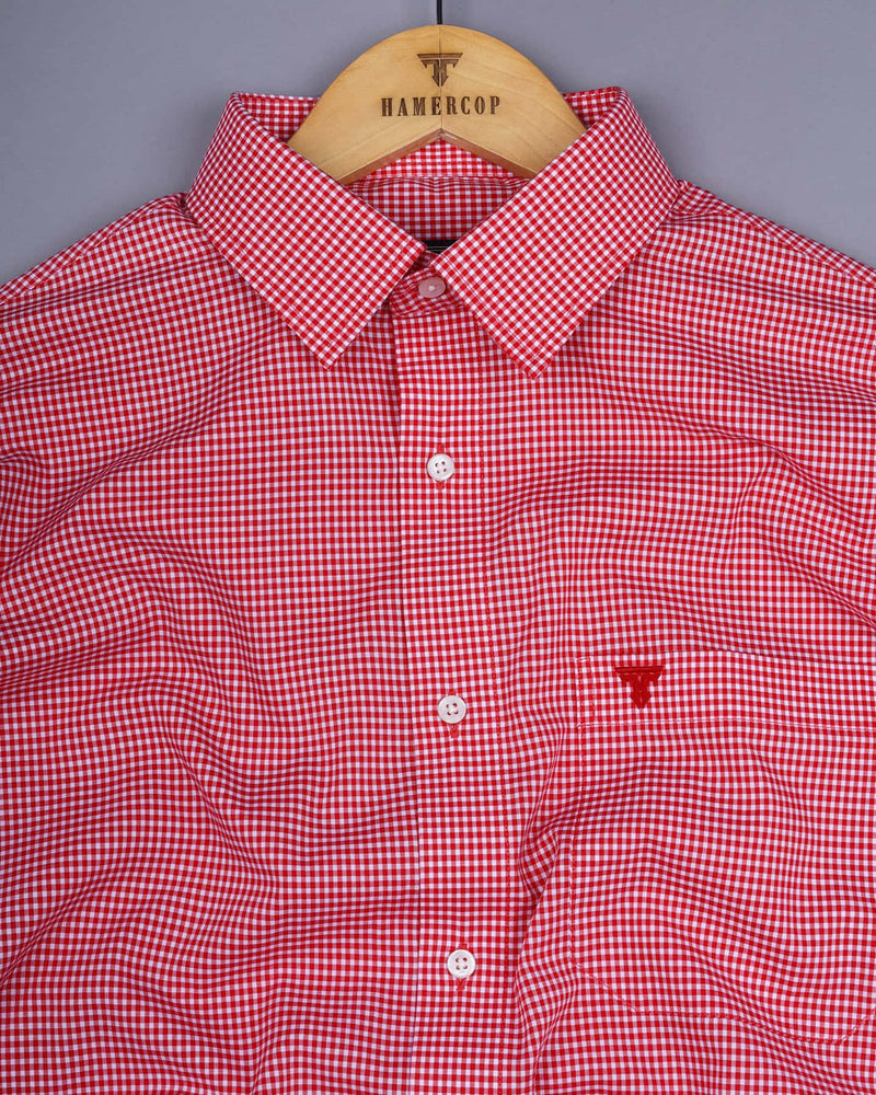 Blood Red With White Yarn Dyed Small Check Cotton Shirt