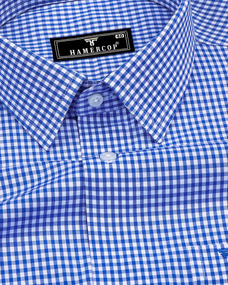 Ribon Blue With White Small Check Cotton Formal Shirt