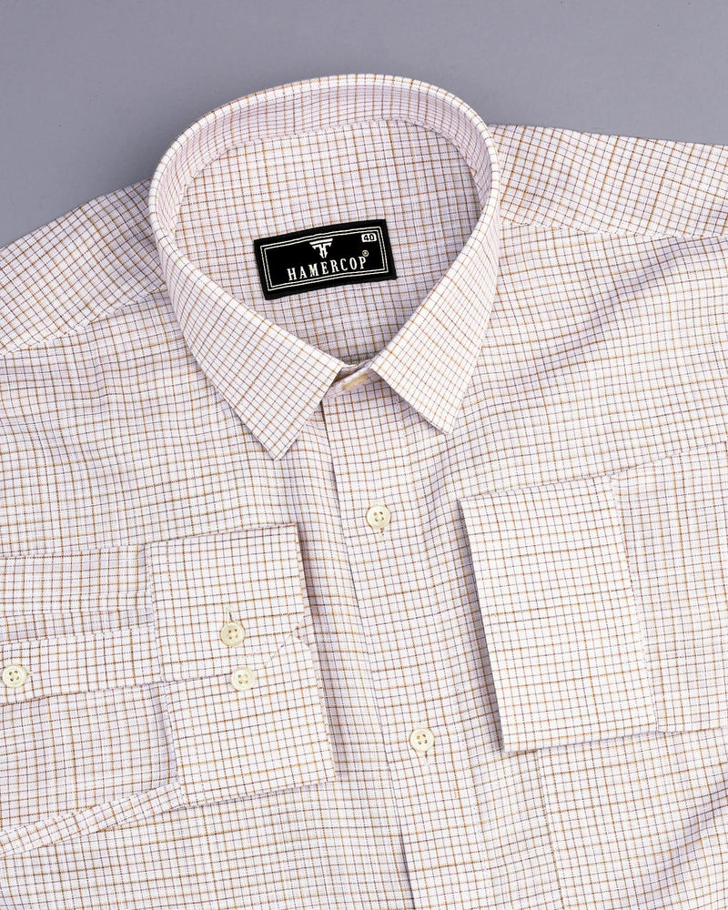 Cream Small Graph Check White Linen Cotton Formal Shirt