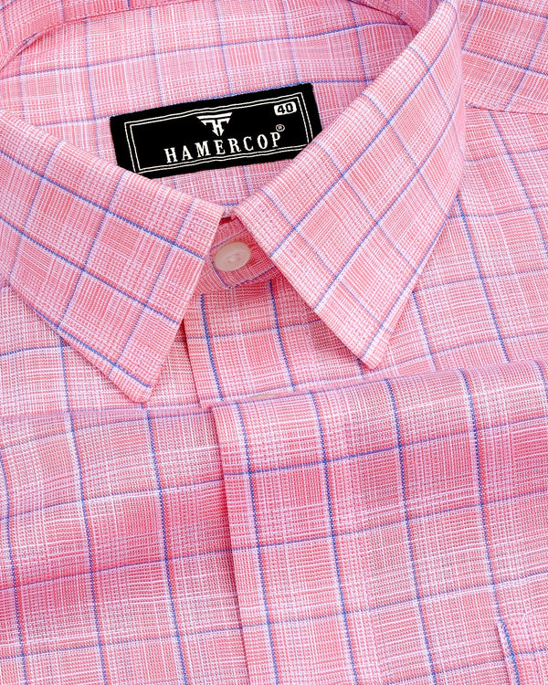 Travon Pink With Blue Check Amsler Linen Cotton Shirt