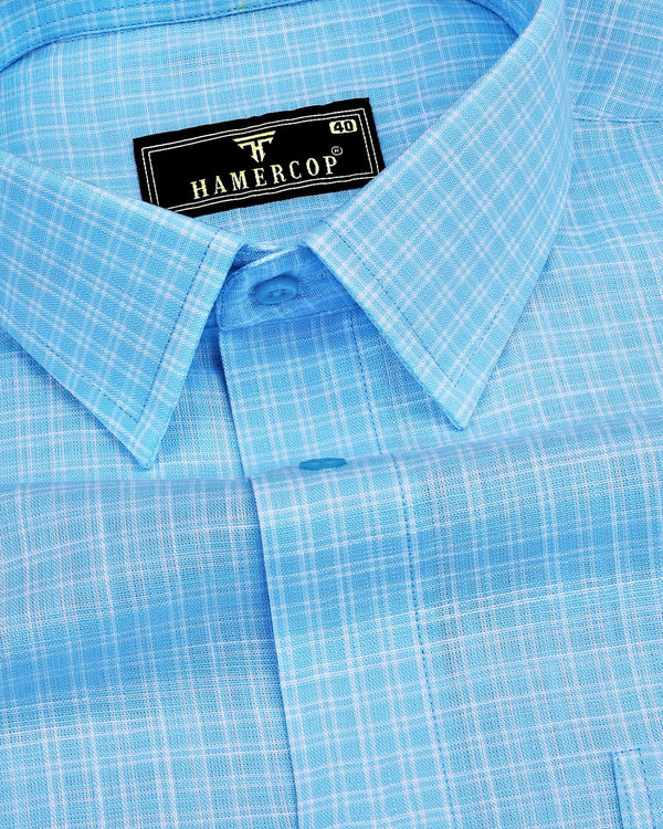 Modest SkyBlue With White Check Linen Cotton Shirt